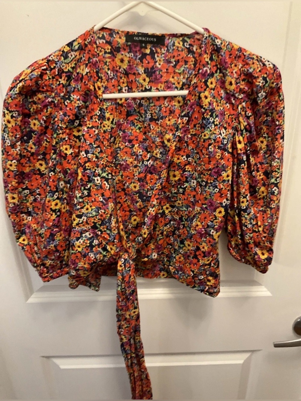 Olivaceous Multicolor Floral Tie-Front Puff Sleeve Blouse